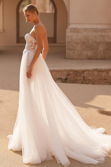A Line Strapless Court Train Ivory Wedding Dress